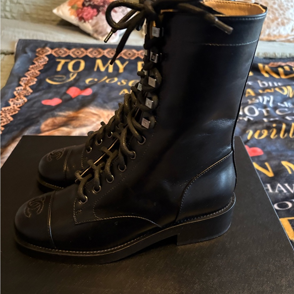 CHANEL Black Leather Combat Boots - Picture 4 of 7